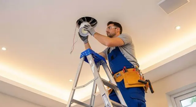 Eletricista de macacão azul em uma escada, trocando a luminária do teto
